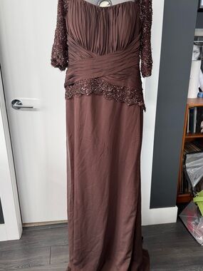 Jovani Chocolate Brown Beaded Lace Maxi Gown